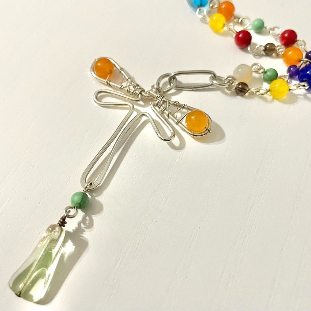 Handmade Silver Dragonfly Rainbow Glass Beaded Necklace Long‎